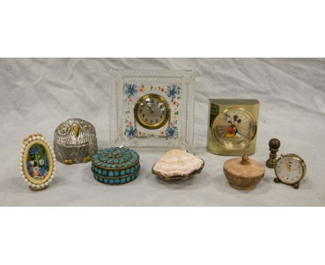 8 Decorative table items, c/o New Haven glass dresser clock, Mickey Mouse clock, small alarm clock, metal owl ring box, 3 sto