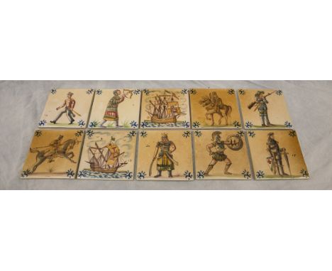 (10) Portuguese Faience ceramic tiles, 20th C, various costume, ship, and genre scenes, 5 1/2" square (each), makers mark ver