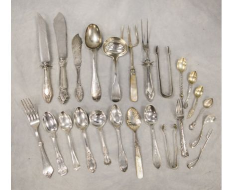 (23) Pieces silver flatware, c/o Sheibler sterling silver master butter knife, (5) sterling tea & soup spoons, sterling child