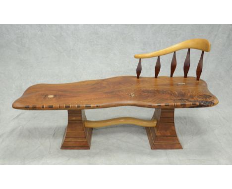 Modern freeform walnut slab seat bench, the maple freeform half back with 5 arrow shaped spindles, the seat inalid with stone