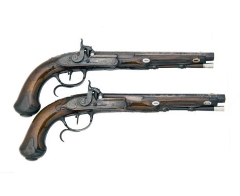 MANTON &amp; CO., CALCUTTA A MOST UNUSUAL CASED PAIR OF 25-BORE PERCUSSION HOLSTER-PISTOLS SIGNED 'KUCHENREUTER', no visible 