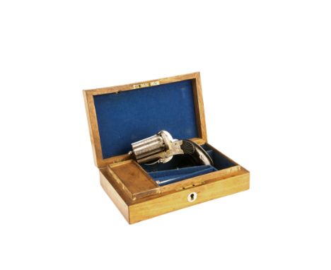 A CASED 7mm PINFIRE PEPPERBOX POCKET-REVOLVER, UNSIGNED, serial no. 39204, possibly of French manufacture circa 1870 but with