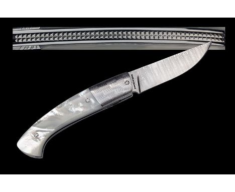 MANU LAPLACE '1515', FRANCE A FINE AND UNIQUE DAMASCUS FOLDING LOCK-KNIFE WITH POLYNESIAN MOTHER OF PEARL HANDLE, with 3 1/4i
