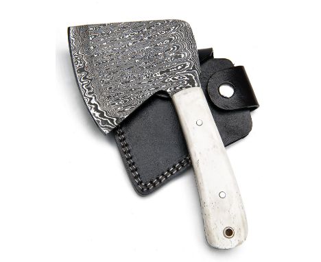 A DAMASCUS CHOPPER, measuring 4in. from butt to bit, integral tang, mammoth grip scales bored with lanyard hole, including a 