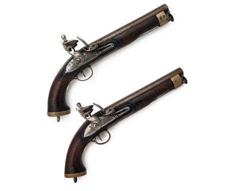 A PAIR OF .650 FLINTLOCK LANCERS PISTOLS MARKED TO THE EAST INDIA COMPANY, no visible serial numbers, circa 1820, with browne
