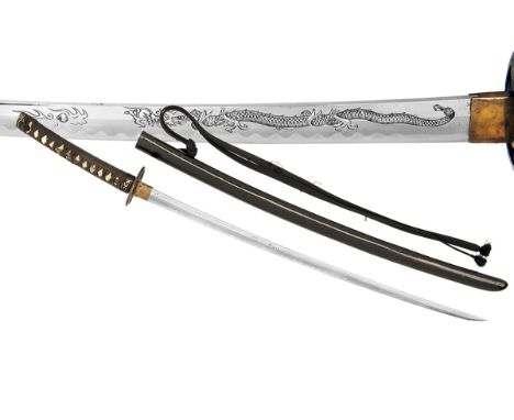A JAPANESE KATANA WITH SIGNED AND ENGRAVED BLADE, with 27 1/2in. slightly curved blade, visible 'hamon', later carved 'horimo