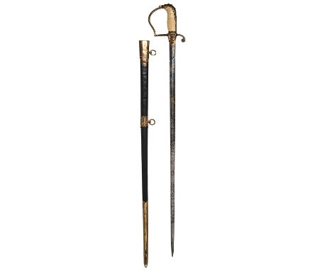 WEBB, LONDON A FINE BRITISH NAVAL ENSIGN'S OR LEVEE'S SWORD WITH BLUE & GILT BLADE, circa 1795-1800, with straight double-edg