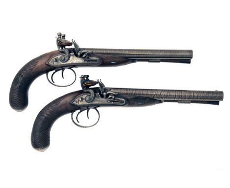 JOSEPH MANTON, LONDON A FINE CASED PAIR OF .600 FLINTLOCK DOUBLE-BARRELLED PISTOLS, serial no's. 3017, for 1803, with browned