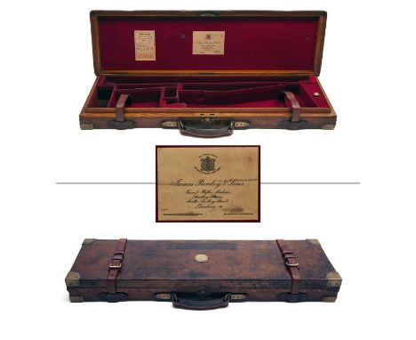 JAMES PURDEY &amp; SONS A BRASS-CORNERED OAK AND LEATHER SINGLE GUNCASE, fitted for 30in. barrels, the interior lined with re