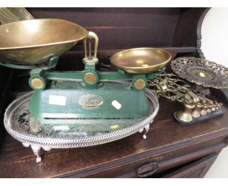 THORNTON VIKING METAL AND BRASS SCALES WITH SET OF WEIGHTS , SILVER PLATED TRAY, BRASS ALLIGATOR NUT CRACKERS AND OTHER METAL