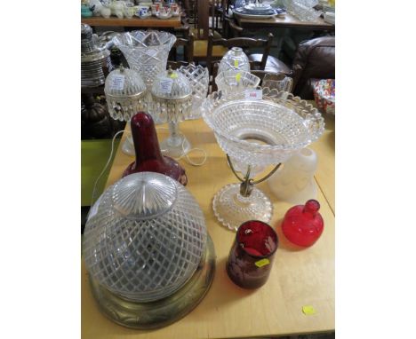 PAIR OF GLASS TABLE LAMPS (BOTH NEED PLUGS), CEILING LIGHT FITTING (REQUIRES PROFESSIONAL INSTALLATION), GLASS VASES AND BOWL