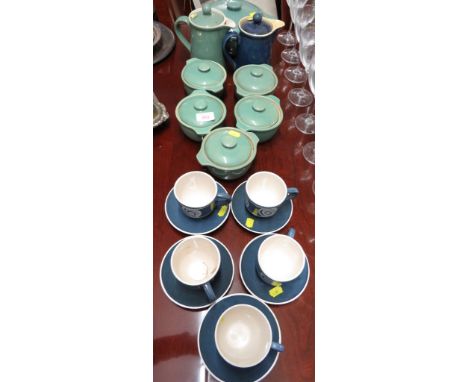 DENBY STONEWARE JUGS, POTS AND CASSOROLE DISH, AND FIVE CUPS AND SAUCERS