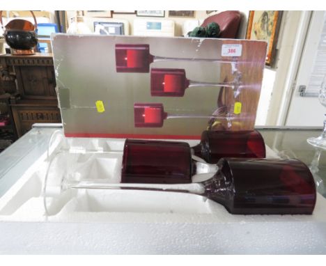 PAIR OF RUBY OVERLAID GLASS GOBLET SHAPED CANDLE HOLDERS, ASSORTED GLASS DRINKING VESSELS, AND BOX SET OF GOBLET CANDLE HOLDE