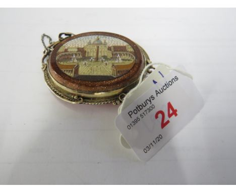 ITALIAN MICRO MOSAIC BROOCH DEPICTING ST PETER'S SQUARE, OVAL, AVENTURINE BORDER, IN A PINCHBECK SETTING WITH ROPEWORK AND SC