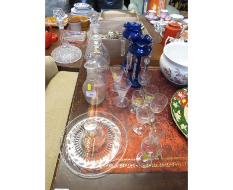 THREE GEORGIAN DECANTERS WITH RING COLLARS, PAIR OF SMALL BRISTOL BLUE GLASS TABLE LUSTRES, ASSORTED WINE GLASSES AND A GLASS