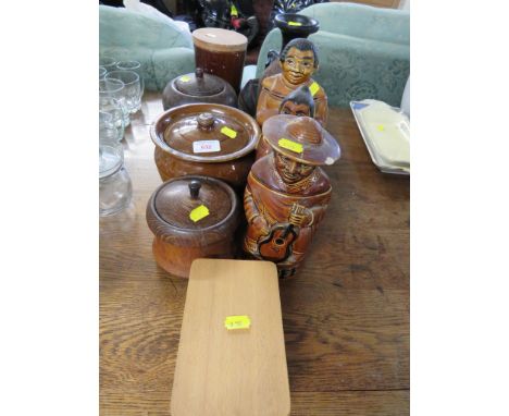OAK TOBACCO JAR, A CERAMIC JAR IN A MOTTLED GLAZE, FIGURAL STORAGE JARS AND OTHER POTTERY