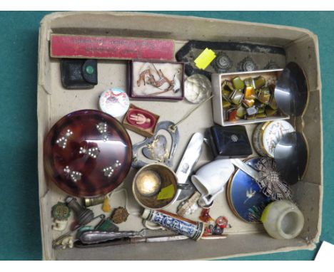 A TRAY OF ASSORTED SMALL ITEMS INCLUDING A STERLING AND ENAMEL BROOCH, MINIATURE DOLL, BADGES, THERMOMETER, MOTHER OF PEARL L