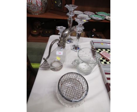 THREE SILSEA CRYSTAL CANDLE STICKS , GLASS RINSER , ROSE BOWL, BIRD DECANTER WITH SILVER-PLATED MOUNTS