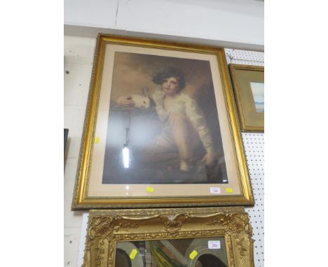 REPRODUCTION PRINT OF A BOY AND RABBIT , GLAZED IN A GILT FRAME