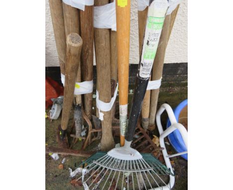 LONG HANDLED TOOLS - RAKE, FORKS, PICKAXE, SLEDGE HAMMER ETC