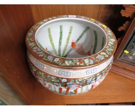 LARGE ORIENTAL STYLE CERAMIC PLANTER DECORATED WITH INTERIOR SCENE BIRDS AND FLOWERS