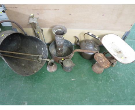 BRASS KETTLE, COAL BUCKET, FIRE TONGS, SCALES AND OTHER METAL WARE