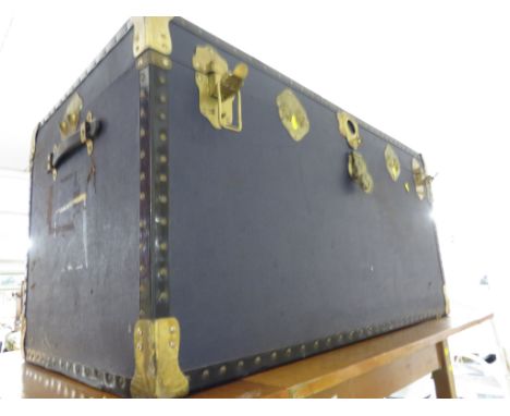 LARGE BLUE TRUNK WITH BRASS MOUNTS