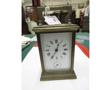 BRASS CASED CARRIAGE ALARM CLOCK, MOVEMENT MARKED MADE IN FRANCE