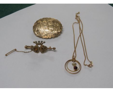 A NAVAL SWEETHEART BROOCH SET WITH YELLOW STONES AND SEED PEARLS STAMPED 9CT , A CIRCULAR RUBY AND SEED PEARL PENDANT ON MICR