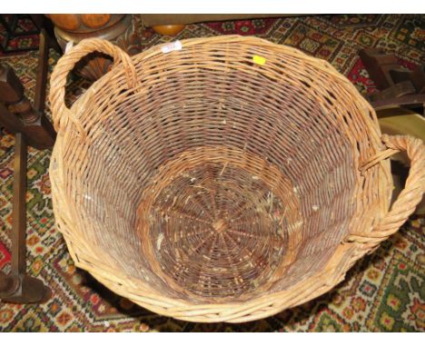 WICKER LOG BASKET, A COPPER RESERVE PAN AND ENAMEL CHAMBER POT