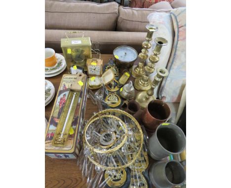 PENDANT LIGHT SHADES, BRASS CANDLE STICKS, METAL WARE, ANEROID BAROMETER AND CLOCKS