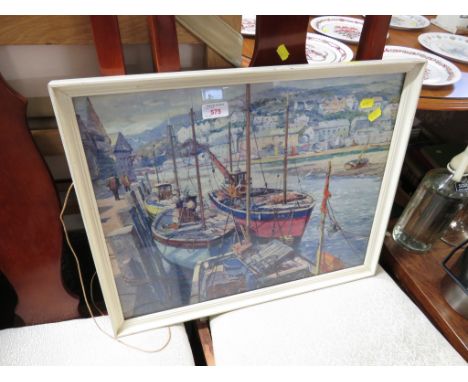 REPRODUCTION PRINT OF HARBOUR SCENE AFTER DONALD GREIG, FRAMED AND GLAZED