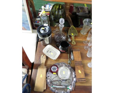 TOLCHARD SODA SYPHON, DECANTER, BRASS TRIVET, WOODEN PEN BOX, BUTTER PATS AND METAL WARE