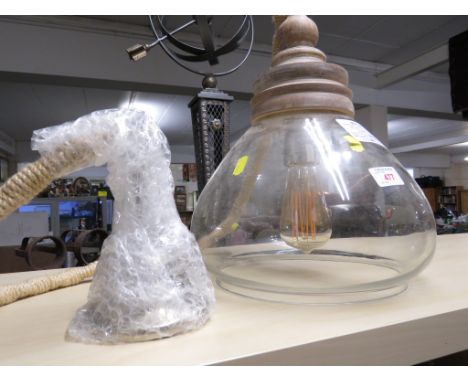 CEILING LIGHT FITTING WITH GLASS SHADE AND TURNED WOODEN MOUNT WITH A  ROPE COVERED CORD (REQUIRES PROFESSIONAL INSTALLATION)
