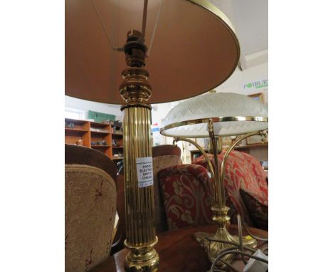 BRASS CLASSICAL COLUMN TABLE LAMP WITH CREAM SHADE, AND BRASS TABLE LAMP WITH A MOUDLED OPAQUE GLASS SHADE (ONE NEEDS PLUG)