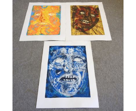 Lin Jammet, British, b1958, abstract face, limited edition print, signed in pencil to the margin, 97 x 64cm, together with tw