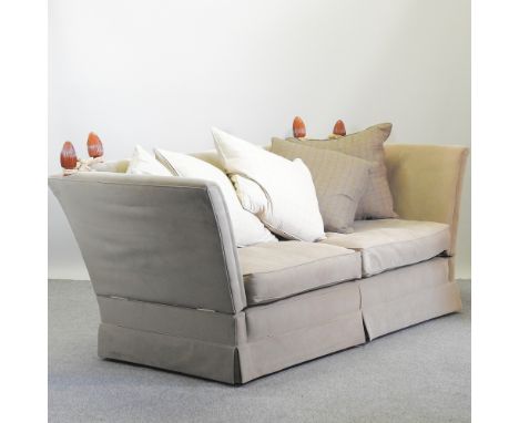 A large grey suede upholstered knole sofa, with loose cushions, 219cm