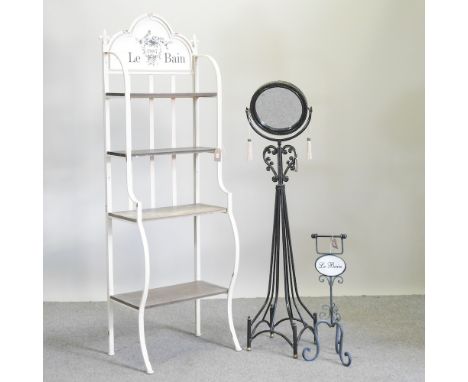 A black painted metal Le Bains bathroom shelf, 58cm, together with a mirror stand and a stand (3)