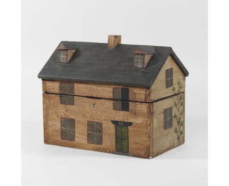 A painted tea caddy, in the form of a cottage, 26cm