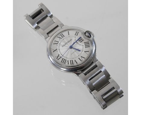 A Cartier Ballon Bleu steel cased gentleman's automatic wristwatch, model 3488, the engine turned dial with Roman hours, on a