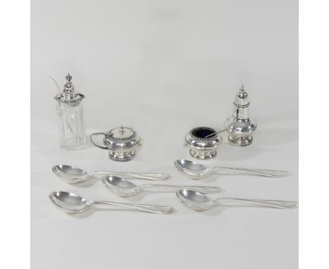 A silver mounted glass dressing table jar, together with a silver ladle and silver plated items