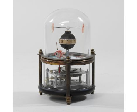A modern automaton style clock, in the form of fish, under a glass dome, 14cm high