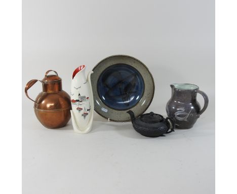 A Burleigh ware vase, together with a studio pottery bowl, a jug, a teapot, and a copper flask (5)