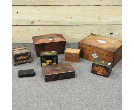 A collection of various boxes, to include a tea caddy, 24cm, and writing set