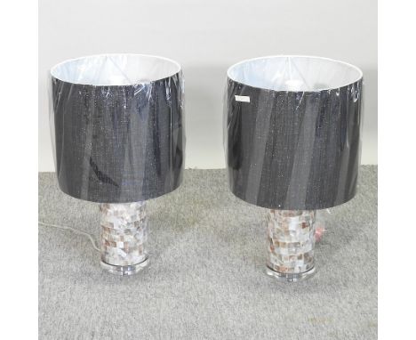 A pair of modern table lamps and shades, with mother of pearl style decoration, 51cm high overall