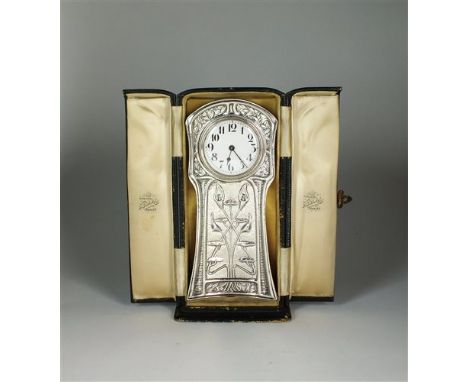 A Goldsmiths &amp; Silversmiths Art Nouveau silver cased timepiece, the white enamel dial with black Arabic numerals housed w