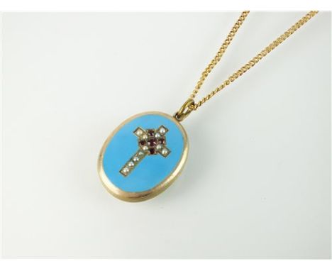 A turquoise enamel, seed pearl and garnet crucifix pendant locket, suspended from yellow metal chain with barrel clasp, with 
