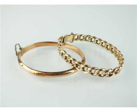 A 9ct rose gold plain polished hollow hinged bangle, with attached safety chain, together with a 9ct yellow gold curb link ba