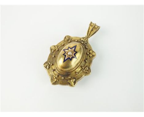 A Victorian split pearl and enamel locket pendant, designed as a central split seed pearl within blue enamel star mounted to 