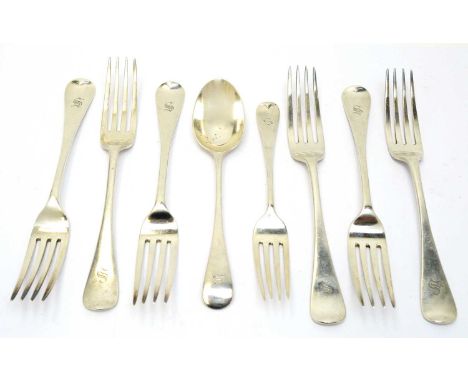 A set of six Victorian silver table forks, by Josiah Piercy II, London 1863, in Old English pattern with engraved initial 'S'